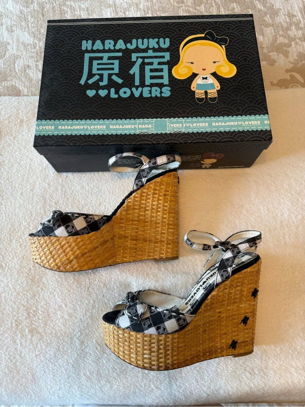 Harajuku Lovers Black & White Check Bow Wedge Sandals